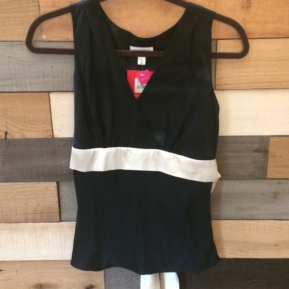 NWT Black Silk Sleeveless Blouse With Cream Sash
